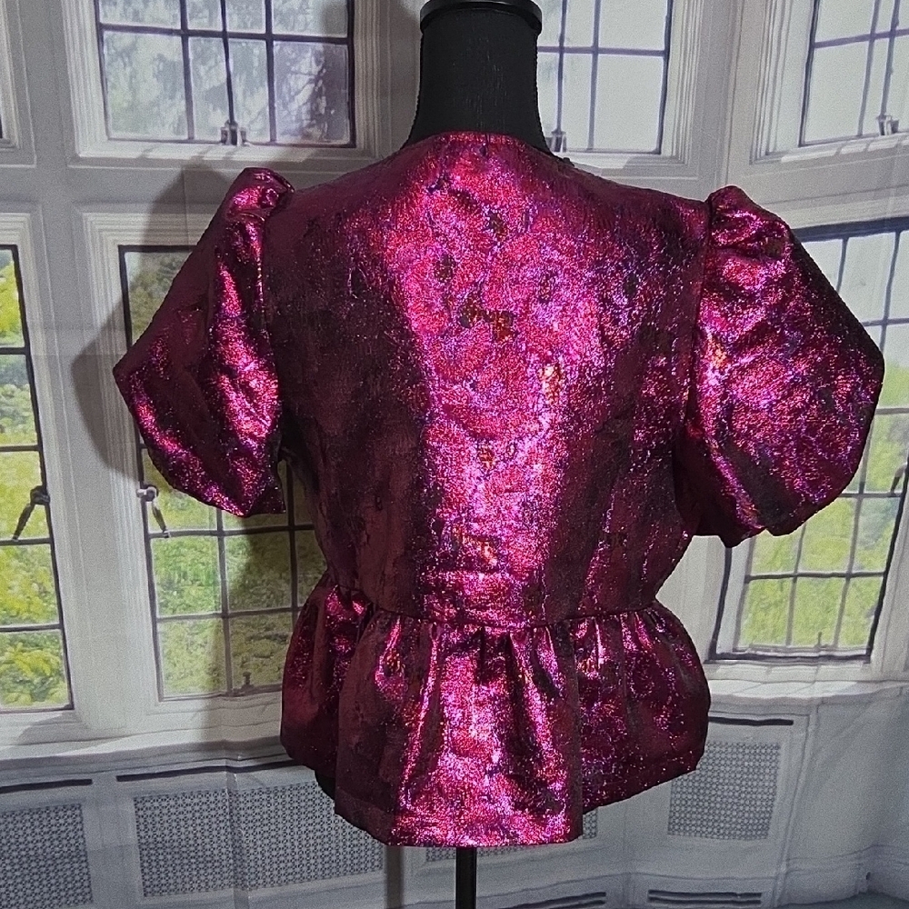 AKIRA Shimmering Fuchsia Puff Sleeve Blouse - Picture 3 of 5